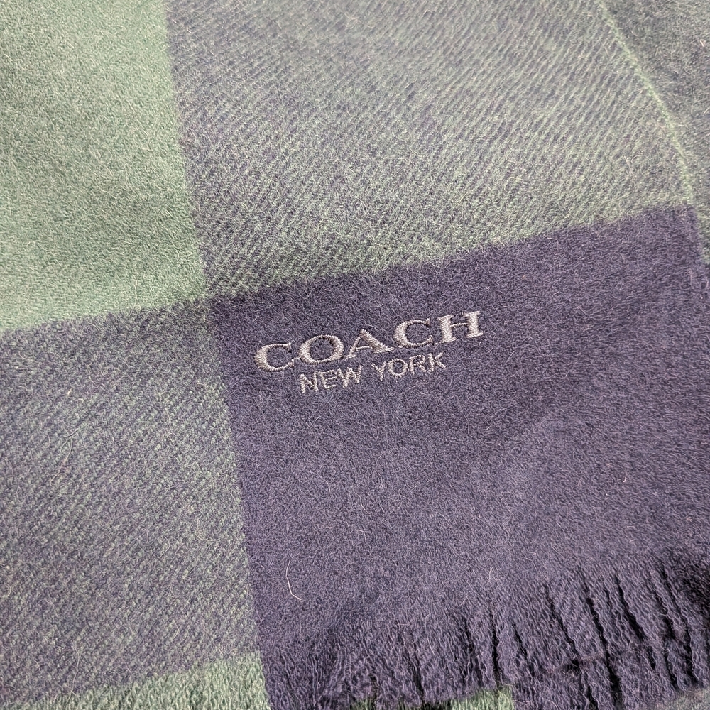 Coach Wool Cashmere Logo Plaid Wide Fringe Scarf - Picture 2 of 3